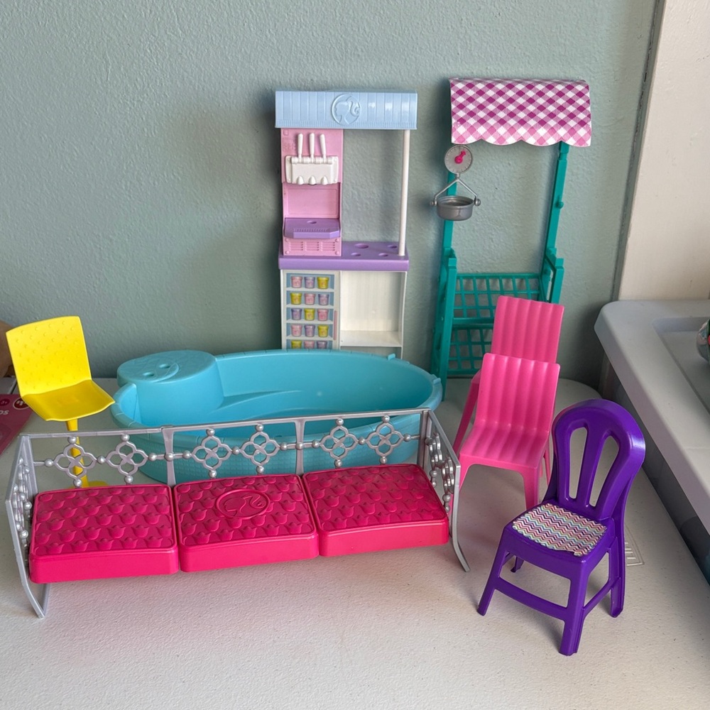 Barbie Toy Furniture Set with Pink, Purple, Teal and Yellow Accessories
